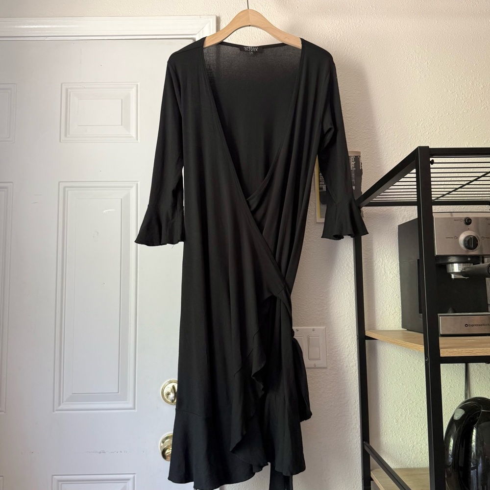 ISABELLA OLIVER black ruffle long 3/4 bell sleeve midi wrap dress